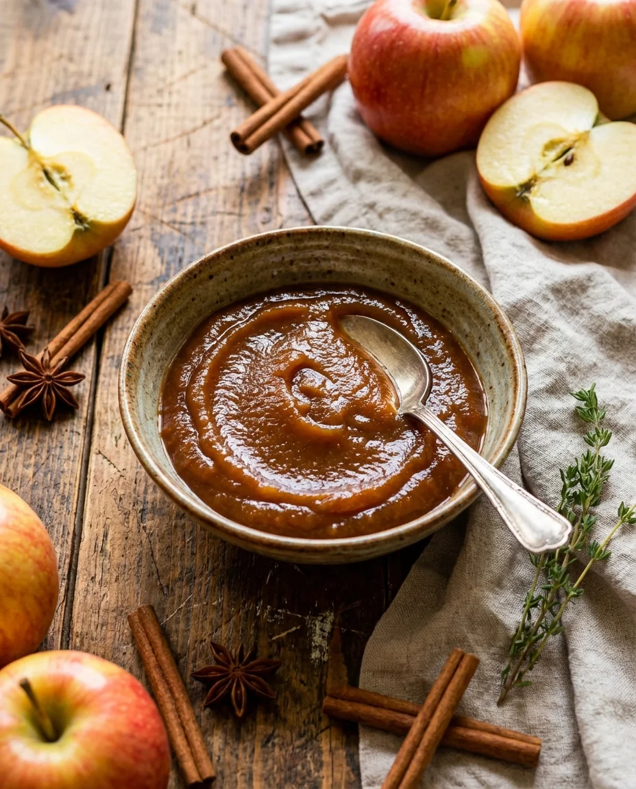 Homemade Apple Butter made with crisp sweet apples, pure maple syrup, ground cinnamon, ground nutmeg, ground allspice, pure vanilla extract, kosher salt