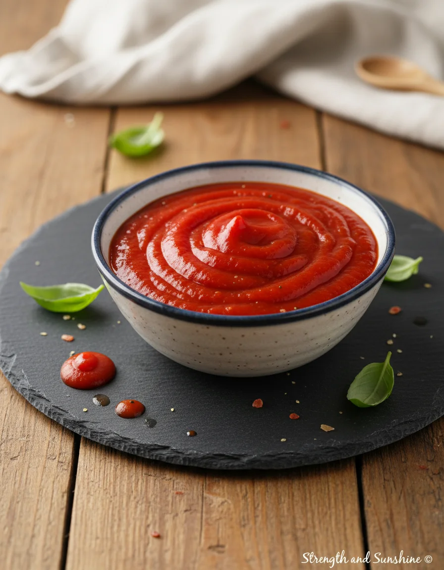 Homemade Ketchup made with tomato paste, raw apple cider vinegar, liquid smoke, onion powder, garlic powder, smoked paprika, cinnamon