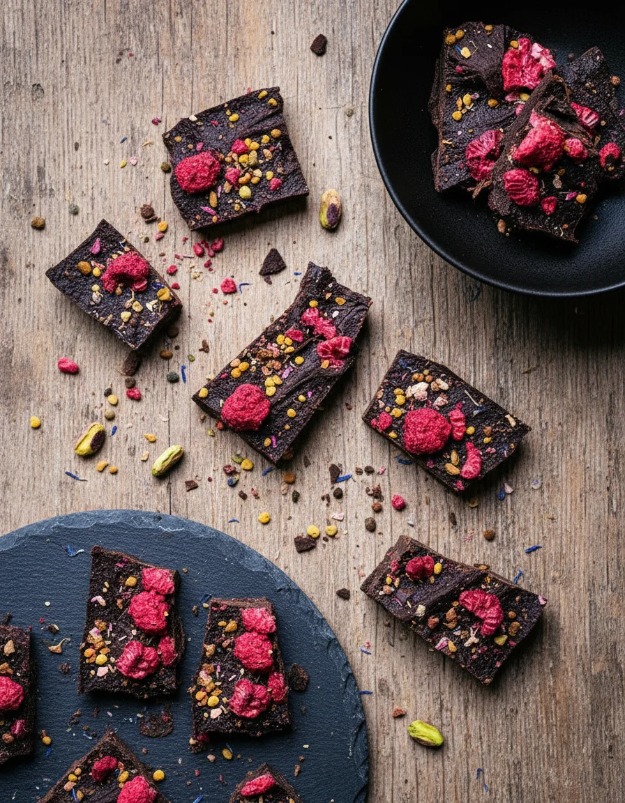 Homemade Raw Chocolate made with cacao butter, maple syrup, cacao powder, vanilla extract, sea salt, Any toppings