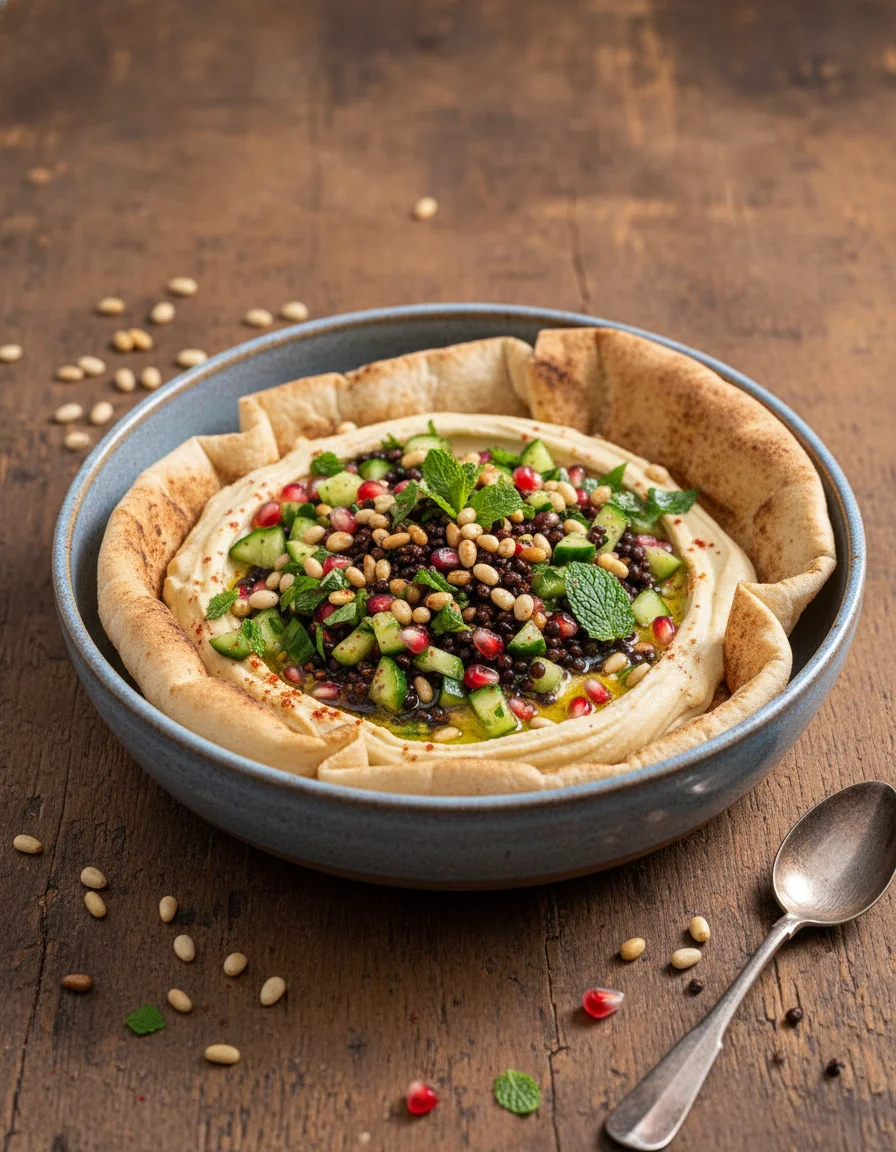 Hummus Pita Bowl made with cooked lentils, olive oil, zaatar spice, sea salt flakes, pine nuts, lebanese whole wheat bread, olive oil, small cucumber, pomegranate seeds, lemon juice, parsley, sea salt flakes, hummus