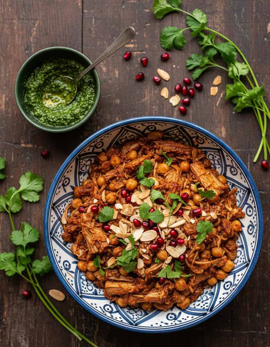 Jackfruit Tagine with Zhough made with olive oil, onion, jackfruit, garlic cloves, ginger, baharat spice, tomato paste, soy sauce, tinned peeled plum tomatoes, vegan stock cube, fresh bay leaf, coarse sea salt, hot chilli flakes, medjool dates, cooked chickpeas, pomegranate molasses, date syrup, coriander, garlic cloves, ground cardamom, ground cumin, chilli flakes, salt, olive oil, lemon juice, pomegranate arils, quick-pickled lemon, toasted almond flakes