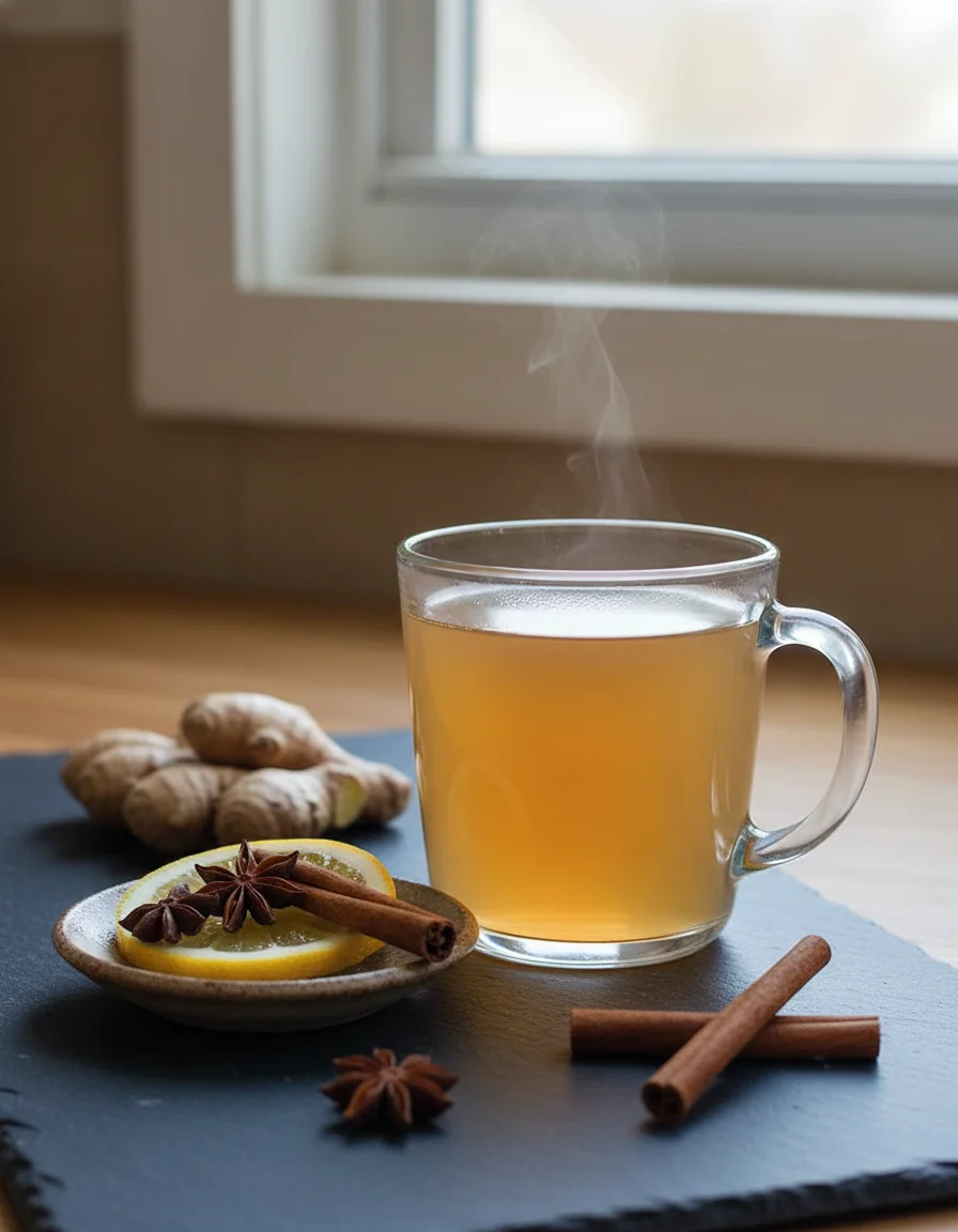 Lemon Cinnamon Ginger Tea made with orange, lemon, cardamom, fresh ginger, cinnamon stick, peppercorn, water, agave syrup
