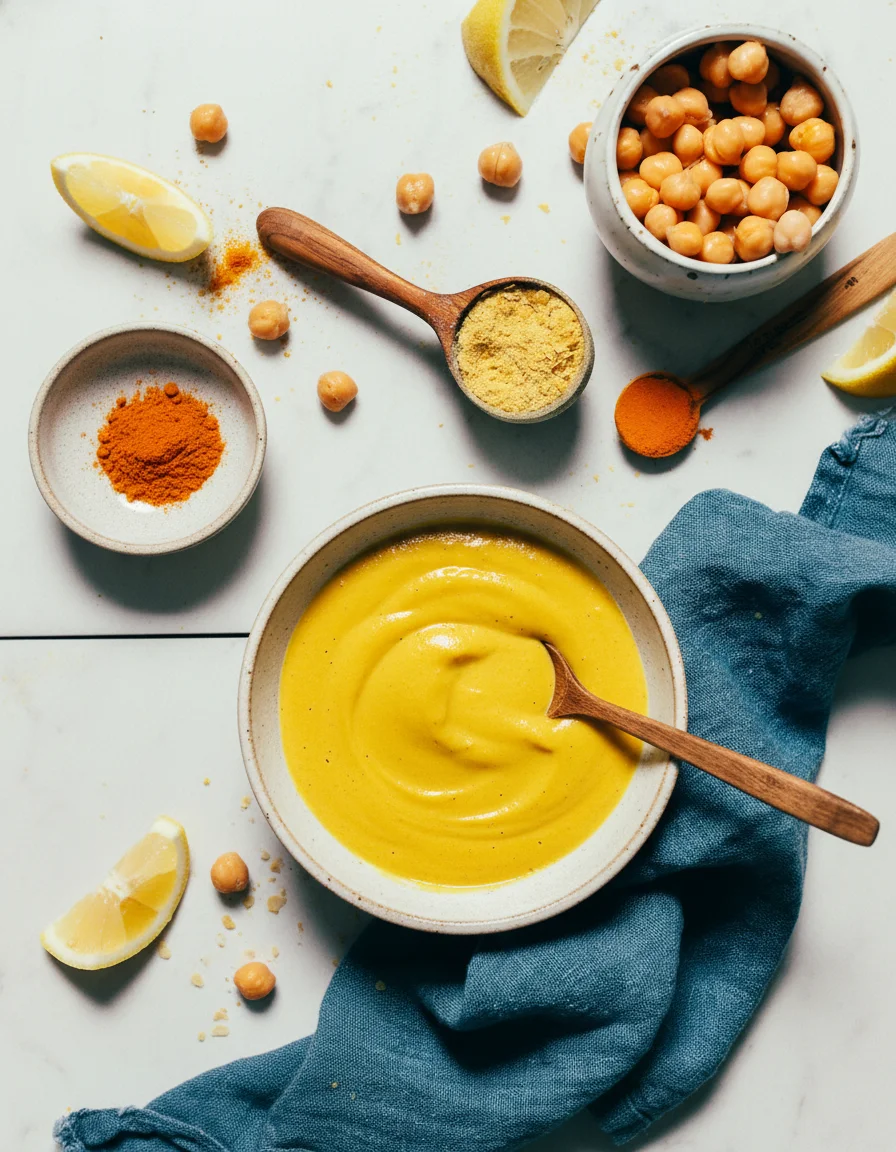 Liquid Gold Sauce made with chickpeas, nutritional yeast, garlic cloves, lemon juice, tahini, sea salt, ground turmeric, curry powder, ground cumin, cayenne pepper, maple syrup, water