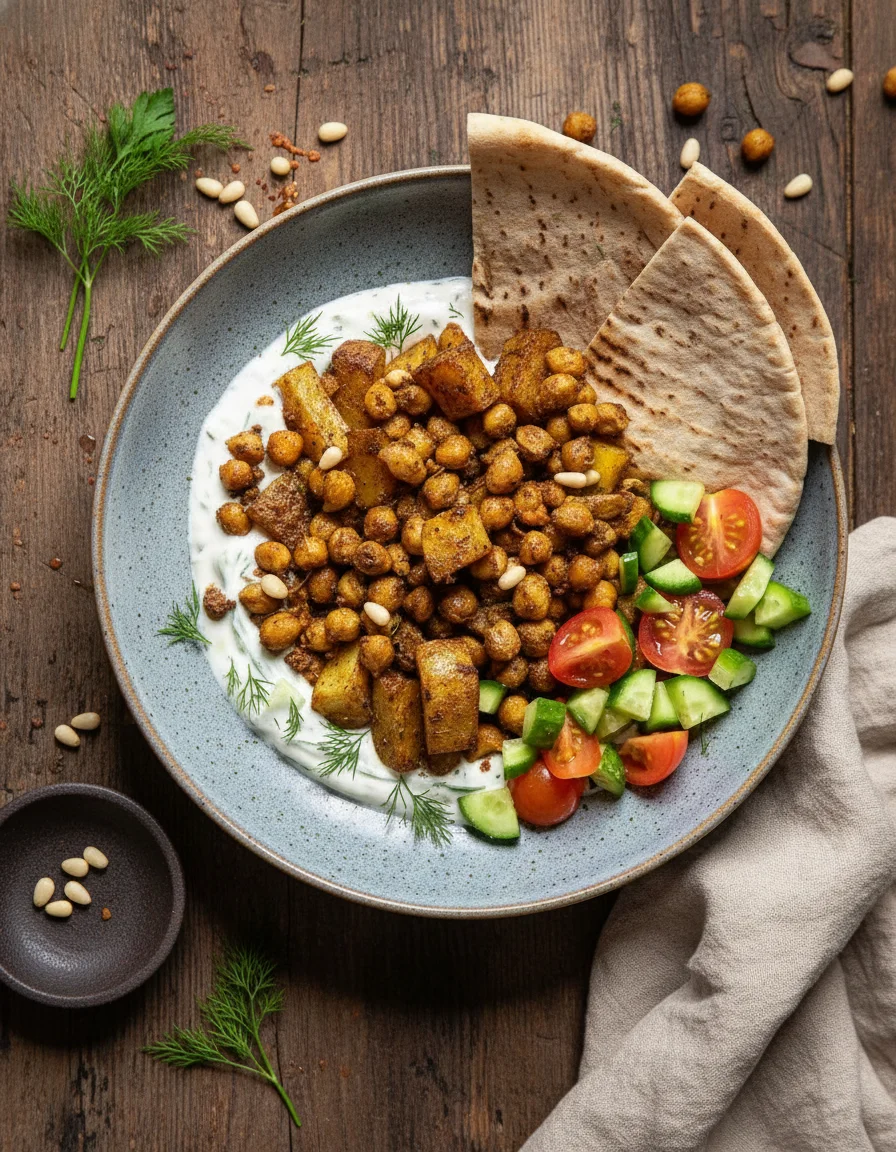 Mediterranean Roasted Chickpeas and Potatoes with Vegan Tzatziki