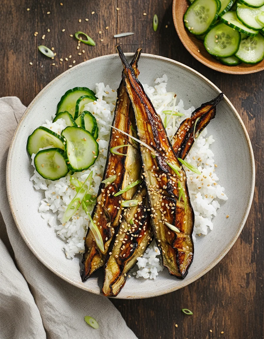 Miso Grilled Aubergine Rice Bowl made with cucumber, sea salt, caster sugar, rice vinegar, sushi rice, water, rice vinegar, caster sugar, salt, aubergines, sweet white shiro miso, mirin rice wine, rice vinegar, water, spring onions, sesame seeds