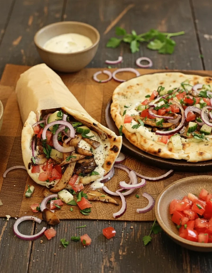 Mushroom Gyros Wraps made with red wine vinegar, red onion, garlic cloves, king oyster, dried oregano, dried thyme, fresh rosemary, olive oil, salt, extra virgin olive oil, cucumber, garlic clove, plant yogurt, lemon juice, salt, pepper, flatbreads, small red onion, large tomato, cucumber, lemon juice, fresh parsley, olive oil