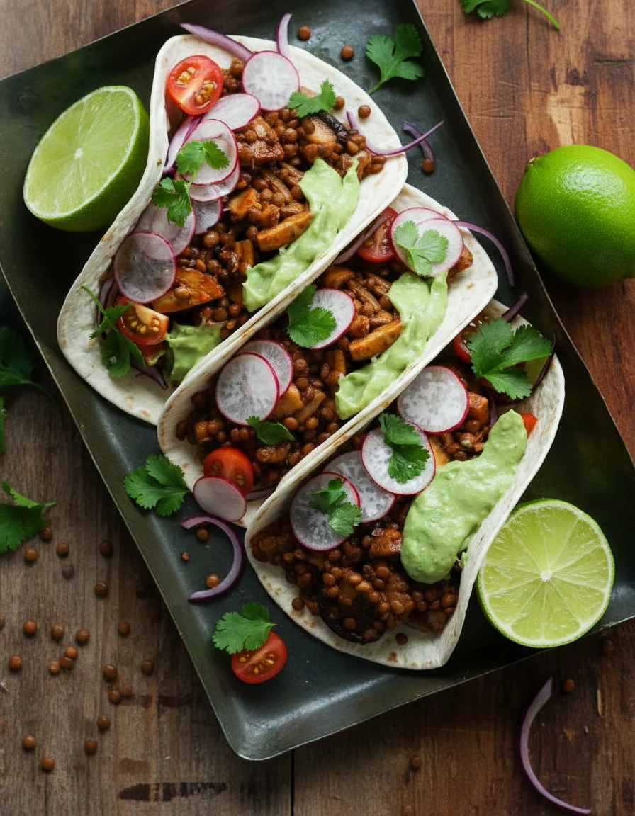 Mushroom Lentil Tacos with Garlic Avocado Cream