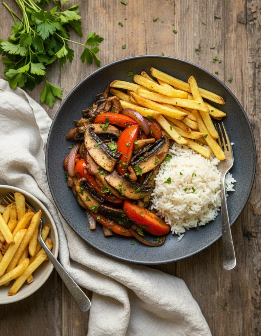 Mushroom Lomo Saltado made with portobello mushrooms caps, red onion, roma tomatoes, garlic, grapeseed oil, dry red wine, tamari, cumin, paprika, oregano, aji panca paste, salt, black pepper, fresh parsley, french fries, white rice