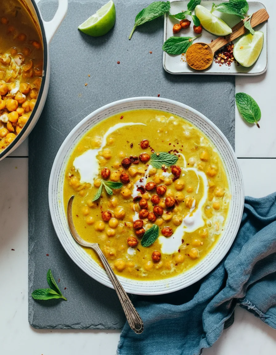 One-Pot Curried Chickpea Soup made with coconut oil, white onion, fresh minced ginger, red pepper flake, garlic, chickpeas, sea salt, curry powder, light coconut milk, vegetable broth, maple syrup, lime juice, lime, fresh cilantro, roasted chickpeas, coconut yogurt