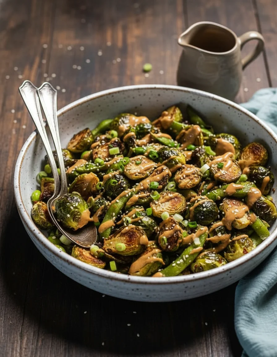 Oven Roasted Brussels Sprouts and Edamame with Spicy Peanut Sauce