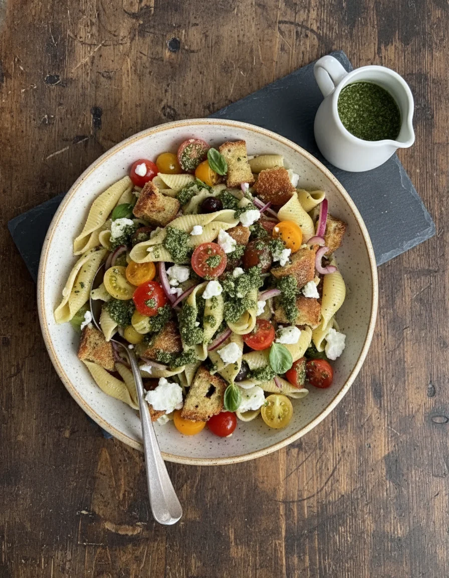 Panzanella Pasta Salad made with ciabatta loaf, olive oil, salt, pepper, conchiglie pasta, cherry tomatoes, red onion, capers, pitted black olives, red wine vinegar, extra virgin olive oil, vegan feta, salt, pepper, fresh basil, pine nuts, nutritional yeast, olive oil, lemon, extra virgin olive oil