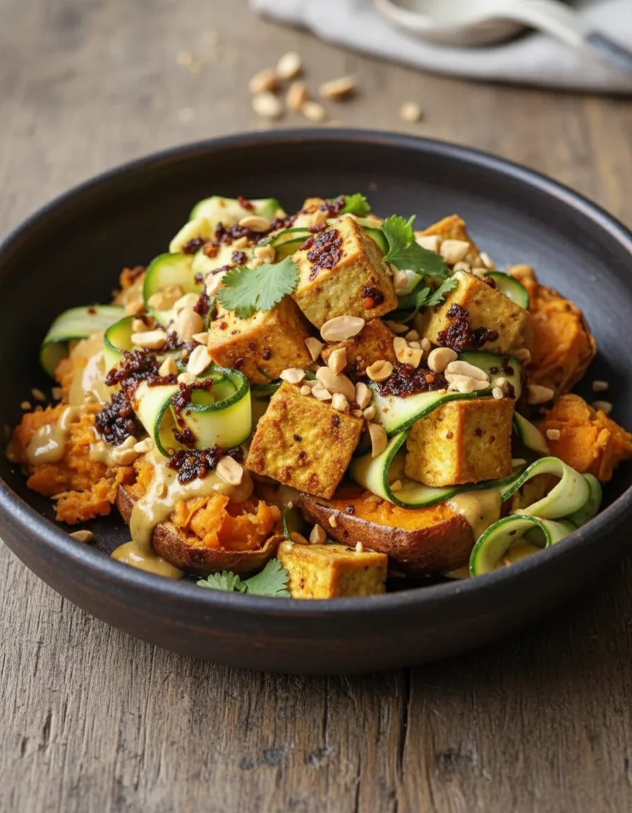 Peanut Satay Sweet Potato with Crispy Tofu