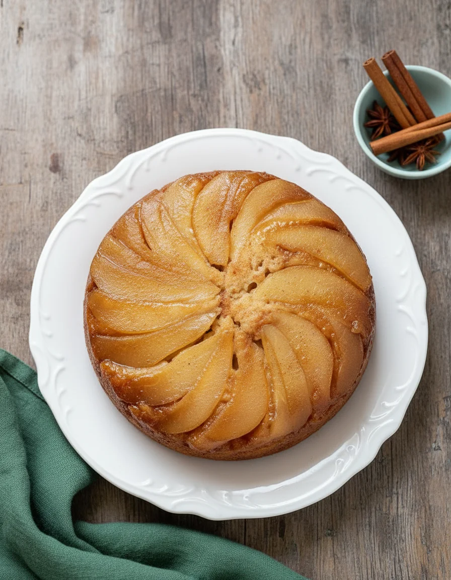 Pear Upside Down Cake made with Pears, maple syrup, non dairy milk, pear puree, lemon juice, sugar, oil, vanilla extract, cinnamon, all purpose flour, baking powder, baking soda, salt
