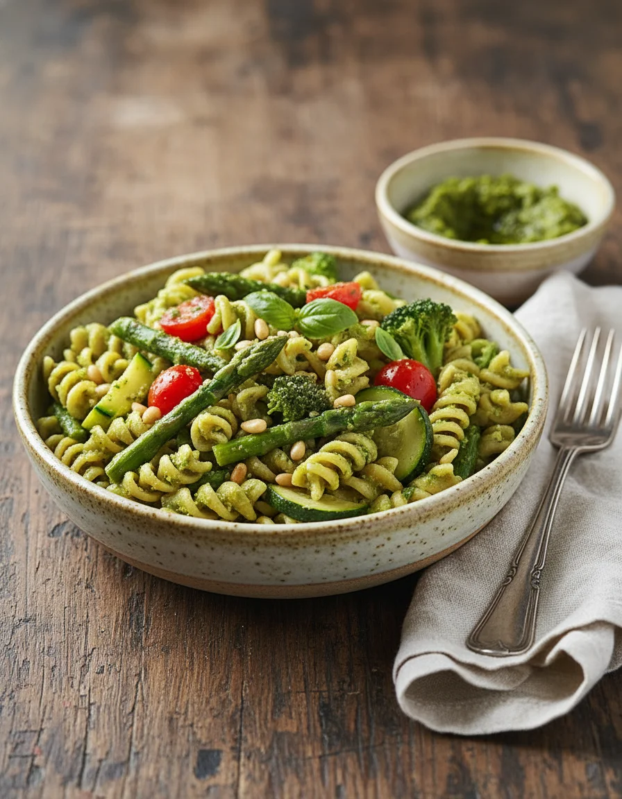 Pesto Primavera Pasta made with wholewheat pasta, broccoli, zucchini, slivered almonds, garlic, nutritional yeast, fresh basil, lemon juice, silken tofu, salt, chickpeas, tomato, salt pepper, slivered almonds