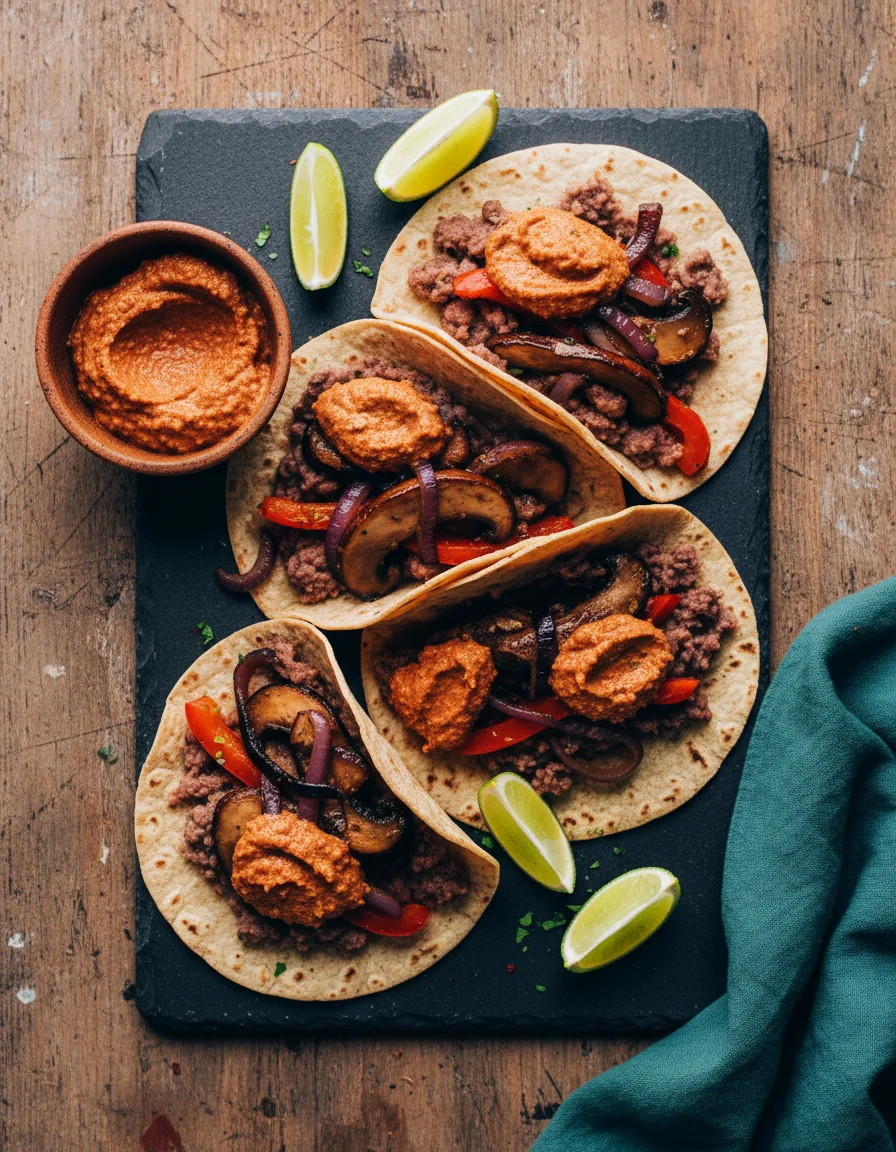 Portobello Fajita Tacos with Chipotle Pecan Pesto