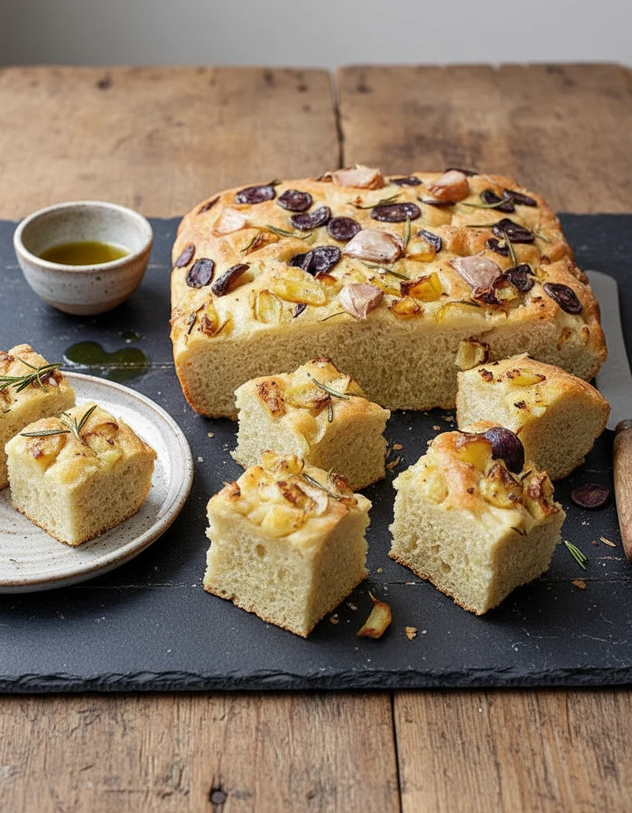 Potato And Rosemary Focaccia made with strong bread flour, dried yeast, sea salt, lukewarm water, extra virgin olive oil, Jersey Royal potatoes, purple potatoes, fresh rosemary, garlic, freshly ground black pepper, sea salt