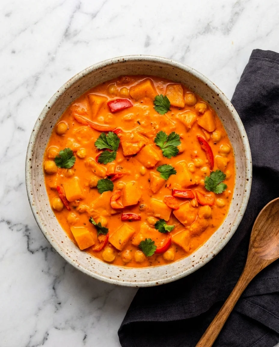 Pumpkin Chickpea Curry made with coconut oil, shallot, thai chili, garlic, fresh ginger, cilantro, vegan thai red curry paste, palm sugar, kosher salt, pumpkin puree, coconut milk, water, red bell pepper, diced pumpkin, chickpeas, juice of 0.5 lime, fresh rice