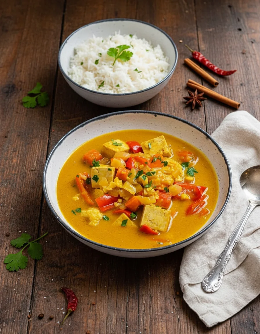 Pumpkin Curry made with canola oil, yellow onion, vegetable broth, full-fat coconut milk, pumpkin puree, ground cumin, curry powder, extra-firm tofu, veggies, salt, pepper