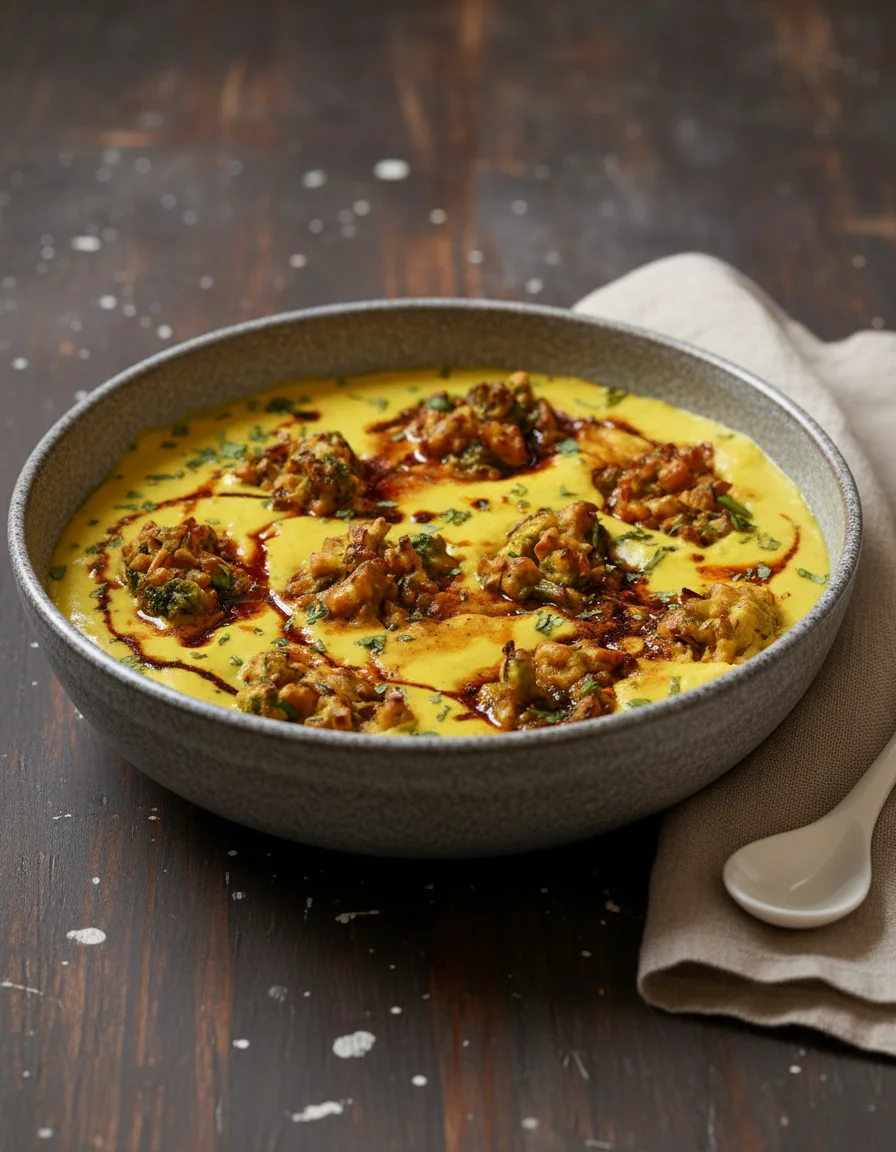 Punjabi Kadhi Pakora made with chickpea flour, rice flour, turmeric, garam masala, salt, baking powder, carom seeds, water, non-dairy yogurt, oil, broccoli, chopped onion, non-dairy yogurt, chickpea flour, turmeric, salt, cayenne, water, oil, cumin seeds, fenugreek seeds, dried chillies, garlic, ginger, oil, cayenne