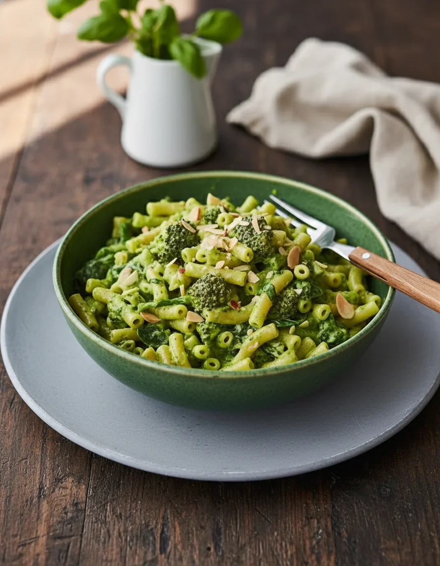Quick Green Pasta made with pasta, salt, spinach, fresh basil, garlic, olive oil, plant milk, vegan parmesan, lemon, black pepper