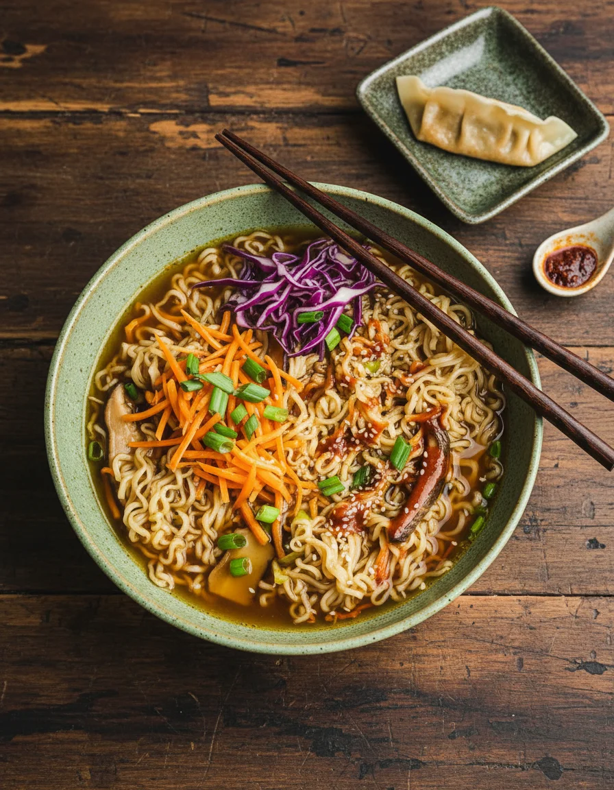 Quick Vegan Ramen made with toasted sesame oil, chopped garlic, grated fresh ginger, carrots, grated, dried shiitake mushrooms, vegetable broth, water, low sodium soy sauce, rice vinegar, sriracha hot sauce, instant ramen, scallions, scallions, sesame seeds, carrots, grated, extra-firm tofu, hot sauce
