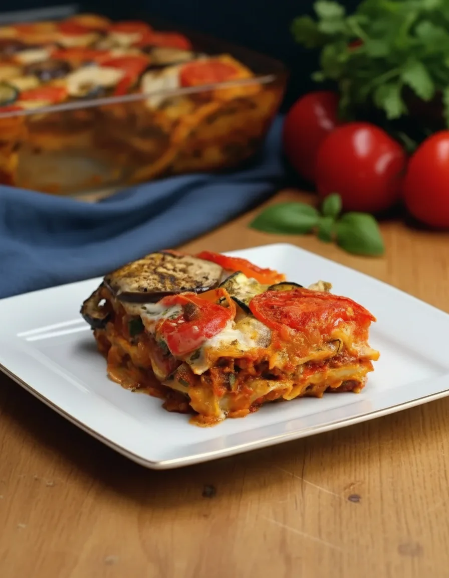 Ratatouille Lasagne made with rosemary, olive oil, chilli oil, salt, pepper, onions, red bell peppers, garlic, courgettes, aubergine, oregano, thyme, passata, tomato puree, vegan cream cheese, plant cheese, fresh basil, fresh parsley, courgettes, aubergine, tomatoes, salt, pepper, lasagne sheets