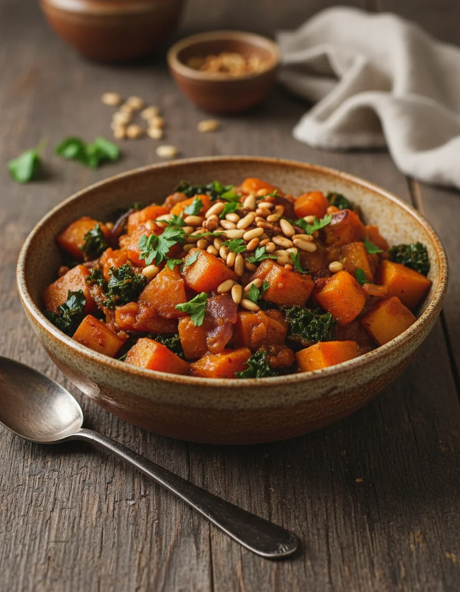 Roast Vegetable Stew made with smoked paprika, coriander ground, vinegar, white onion, garlic cloves, celery, thyme, rosemary, passata, water, kale, carrots, parsnips, red onion, olive oil, pearl barley, mixed beans, parsley, kale, pumpkin seeds, sunflower seeds, parsley