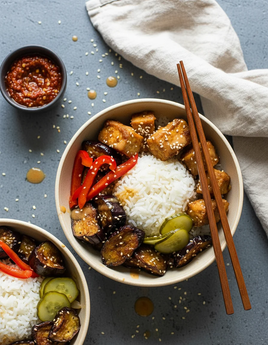 Crispy Sesame Eggplant & Almond Butter Tofu Bowls