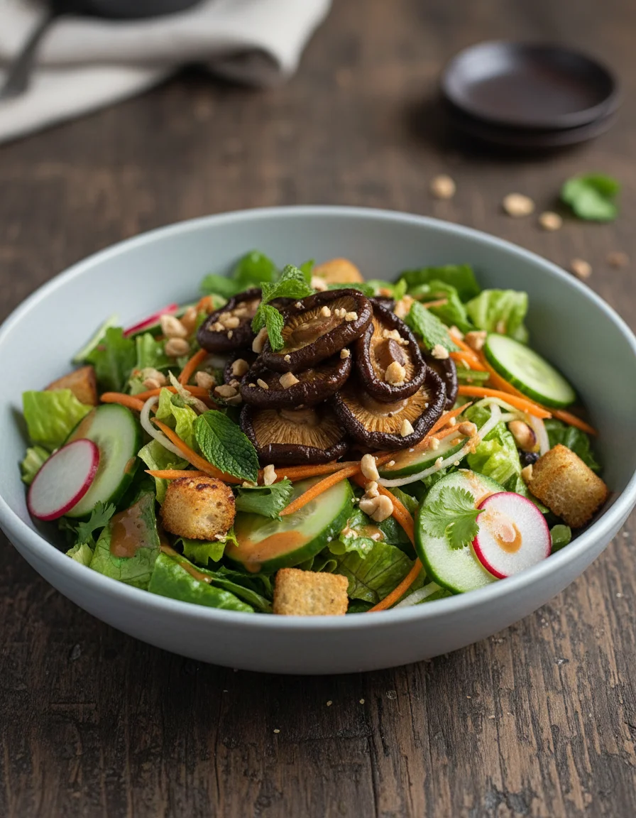 Shiitake Banh Mi Salad made with rice vinegar, sugar, salt, radishes, cucumbers, almond butter, pickling liquid, sriracha, water, salt, peanut oil, shiitake mushrooms, garlic, tamari or soy sauce, crisp salad greens, mint leaves, cilantro