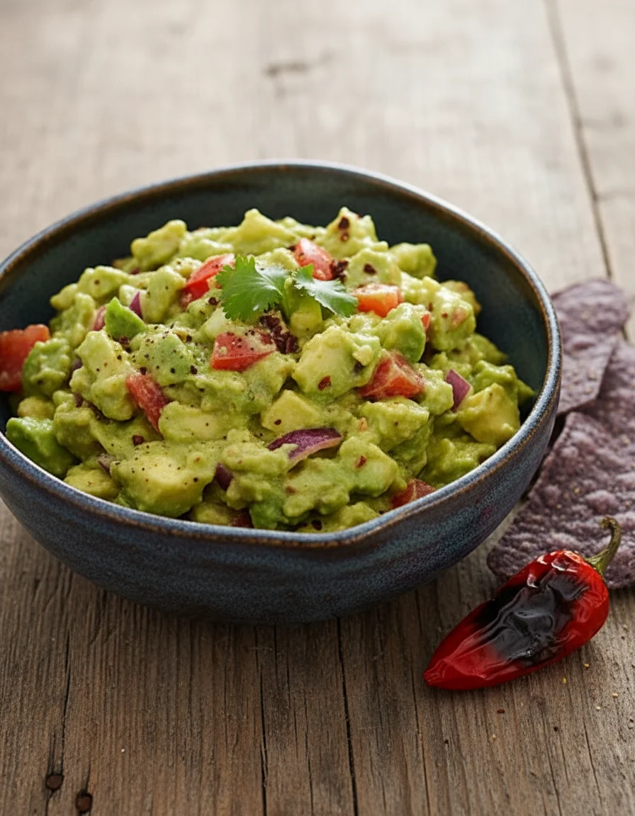 Smoky Chipotle Guacamole made with tomato, lemon juice, avocado, red onion, garlic, chipotle chilies in adobo, cumin, salt