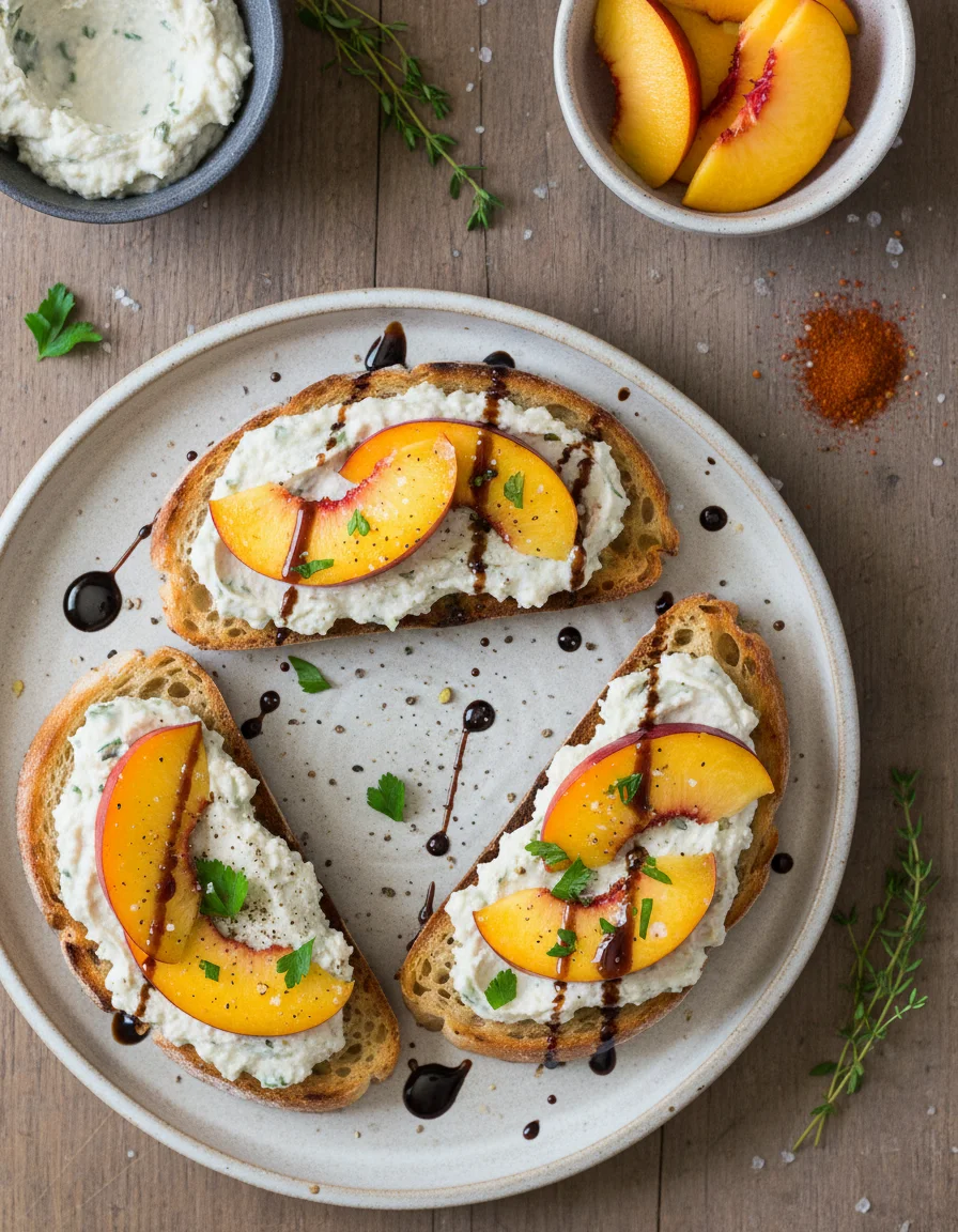 Smoky White Bean Crostini with Nectarine made with large white beans, baking soda, lemon juice, salt, small garlic, natural walnut butter, liquid smoke, aquafaba or water, balsamic reduction, maple syrup, ripe nectarines, toasted sourdough bread, crushed pistachios, fresh mint leaves