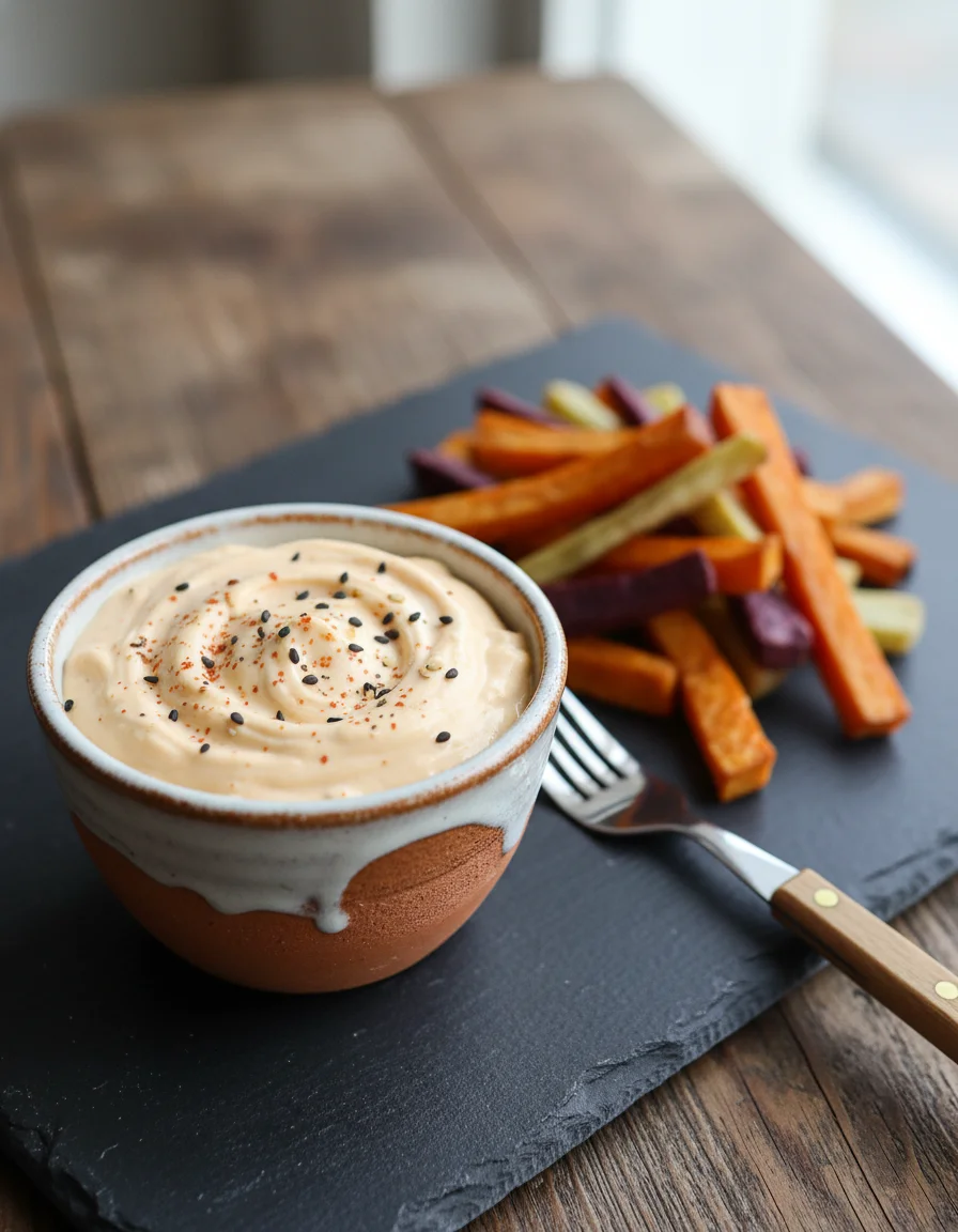 Spicy Miso Mayonnaise made with sweet potatoes, coconut oil, salt, raw cashew nuts, miso, apple cider vinegar, cayenne chilli powder, salt