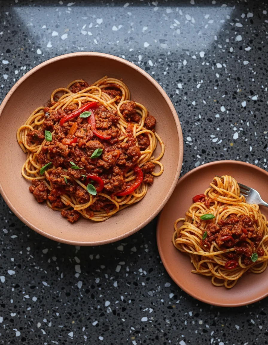 Spicy Sausage and Red Pepper Linguine made with smoked paprika, cayenne pepper, oregano, rosemary, garlic, linguine, vegan sausages, sun dried tomatoes, balsamic vinegar, nooch, sugar, tomato puree, harissa paste, roasted red peppers, chopped tomatoes, black pepper, nooch, basil leaves