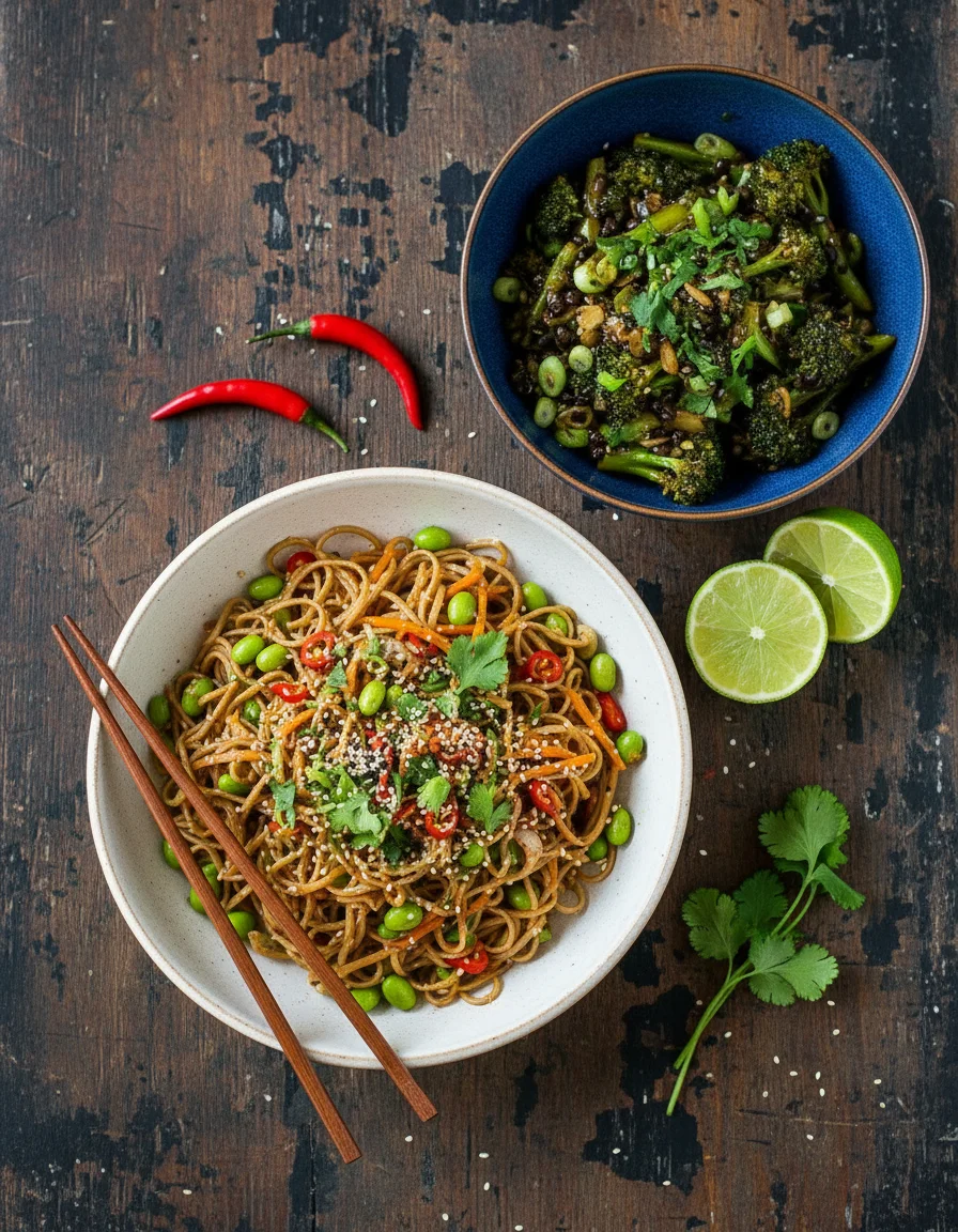 Spicy Sesame Edamame Noodles with Black Bean Tenderstem