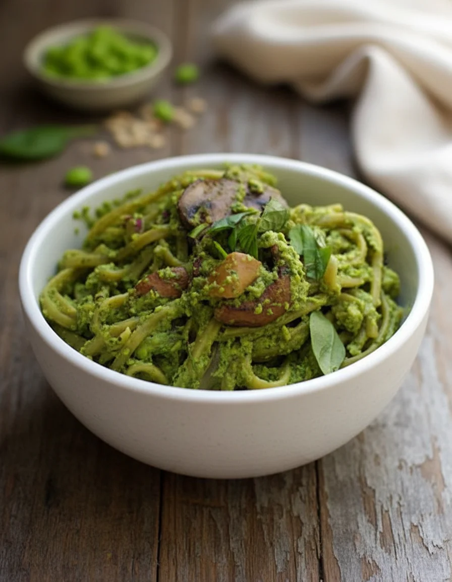Spinach Linguine With Edamame Pesto made with garlic, basil leaves, fresh cilantro, frozen edamame, vegetable broth, lemon juice, olive oil, salt, nutritional yeast, linguine, olive oil, red onion, cremini mushrooms, garlic, dried thyme, salt, fresh basil, cooking spray