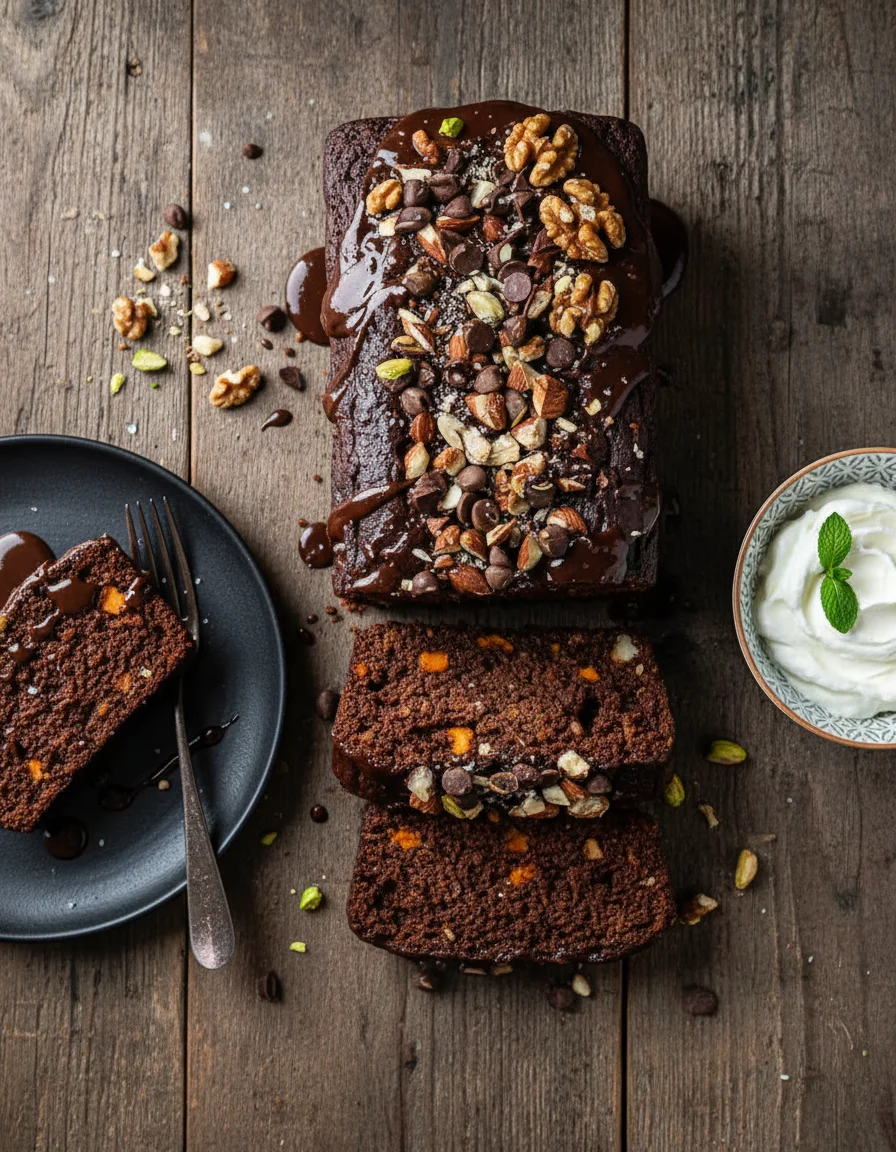 Sweet Potato Chocolate Cake made with sweet potatoes, plant-based milk, maple syrup, oat flour, cocoa powder, cinnamon, baking soda, salt, vegan chocolate chips, chia seeds, crushed almonds