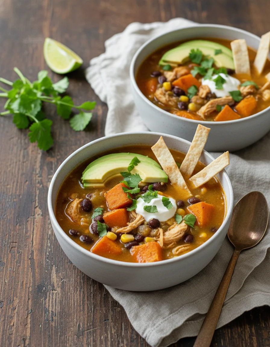 Sweet Potato Tortilla Soup made with sweet potato, coconut oil, coconut oil, onion, red bell pepper, garlic, ground cumin, hatch green chiles, vegetable broth, fresh cilantro, soft corn tortillas, roma tomatoes, black beans, coconut milk, lime, avocado, fresh cilantro, toasted tortilla strips, sweet potato chips