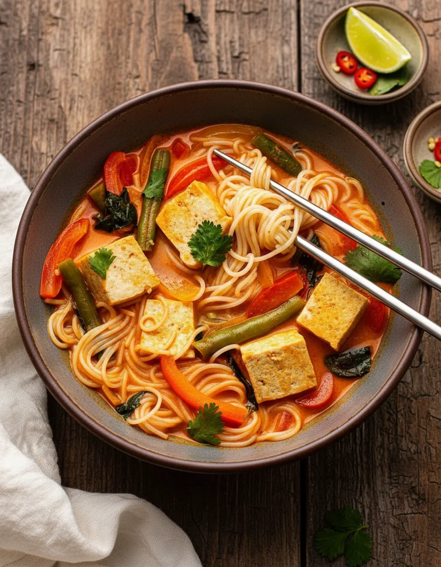 Thai Red Curry Noodle Soup made with coconut oil, garlic cloves, fresh ginger, thai red curry paste, yellow onion, red bell pepper, green bean, coconut milk, sugar, water, salt or soy sauce, extra firm tofu, rice vermicelli noodles, lime juice, thai basil, chopped cilantro