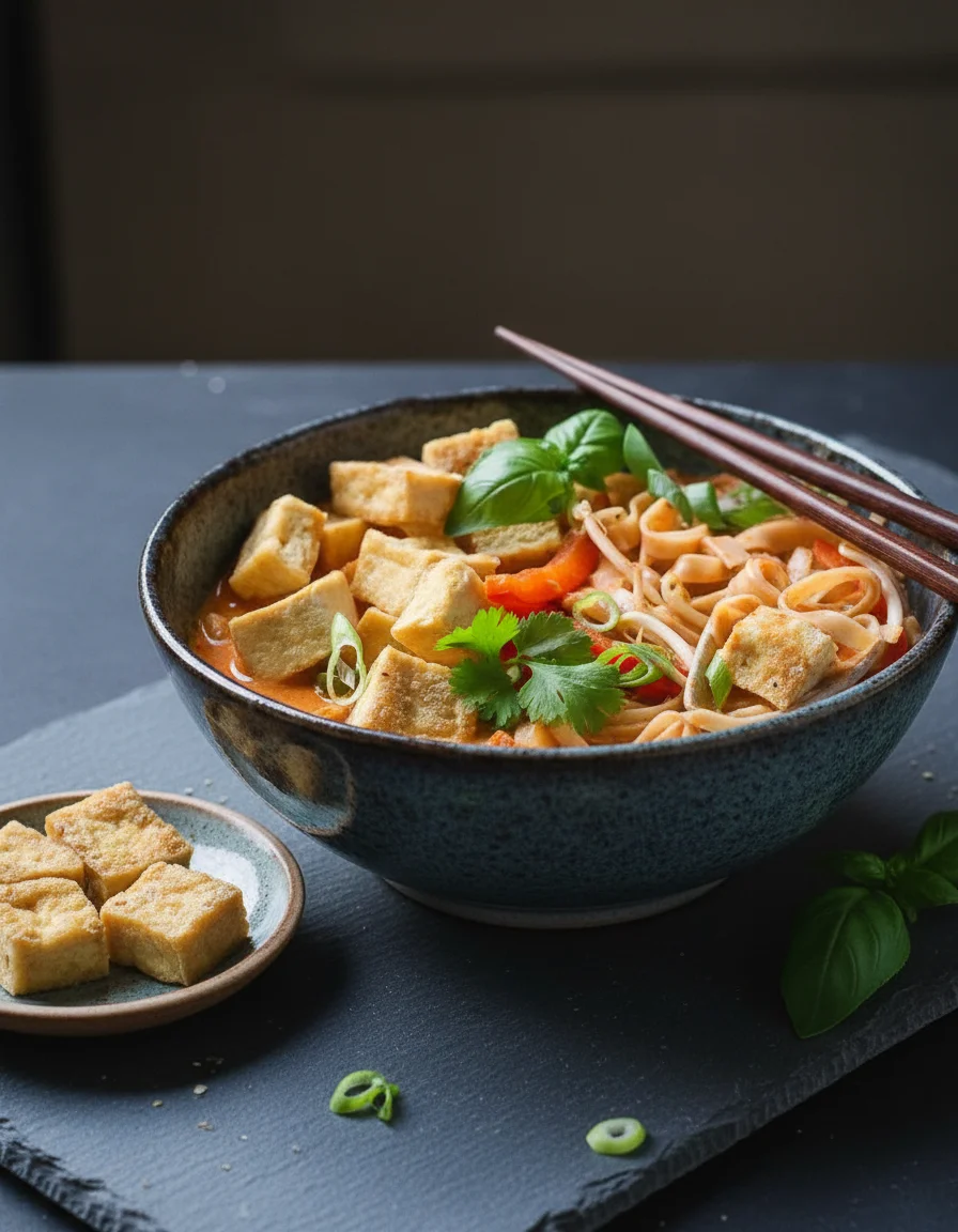 Thai Red Curry Noodle Soup with Crispy Tofu