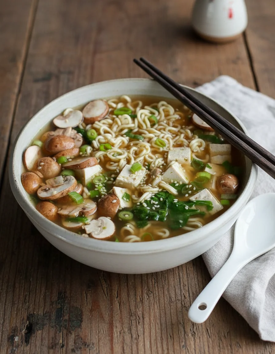 To-Go Miso Noodle Soup made with red miso paste, vegetable bouillon cube, boiling water, ramen noodles, firm tofu, button mushrooms, green onion, fresh spinach