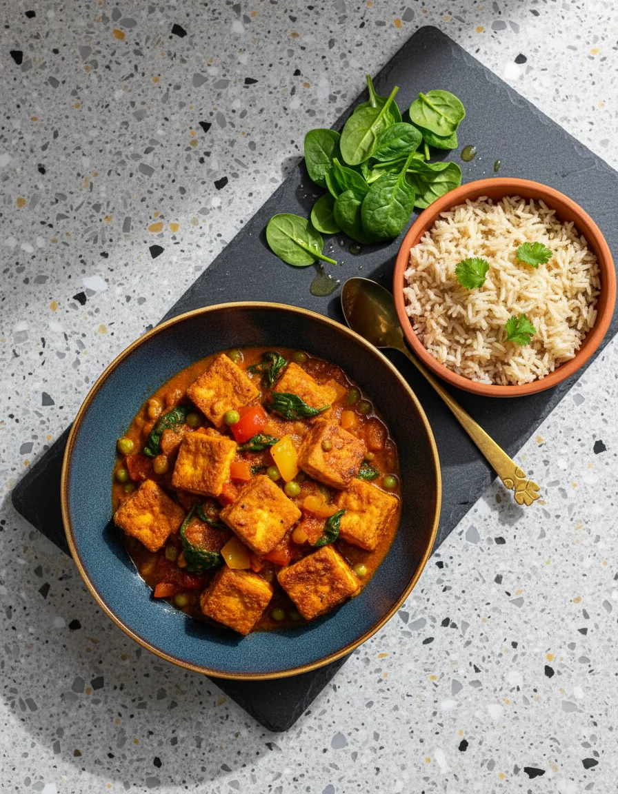 Tofu Curry made with firm tofu, cornflour / cornstarch, salt and pepper, oil, oil, onion, garlic, ground cumin, garam masala, ground turmeric, cayenne, chopped tomatoes, water, spinach