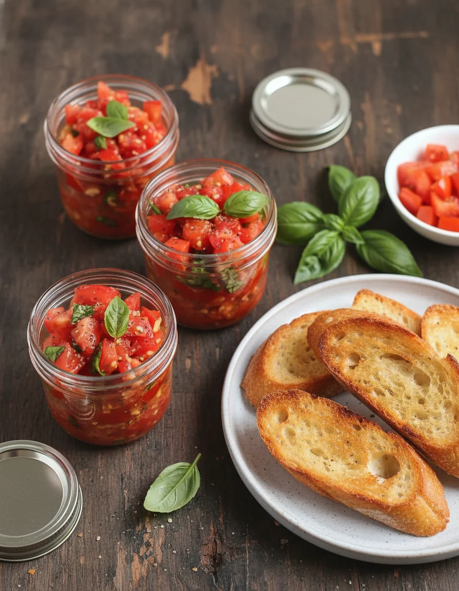 Tomato Bruschetta in a Jar made with garlic, dry white wine, white wine vinegar, water, sugar, dried basil, dried oregano, balsamic, chopped tomatoes, baguette, olive oil, soft vegan mozzarella, fresh basil