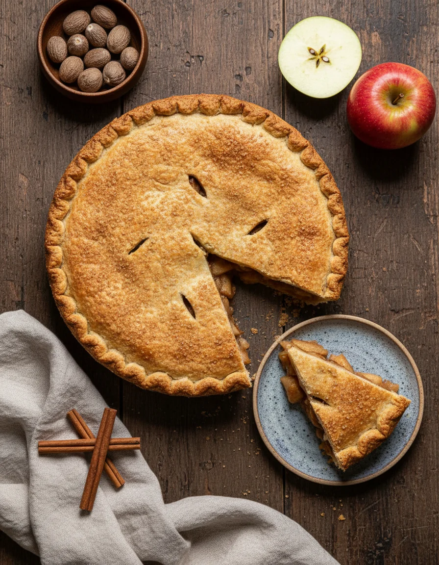 Vegan Apple Pie made with flour, salt, vegan cane sugar, vegetable shortening, unsweetened almond milk, vanilla extract, granny smith apples, brown sugar, vegan cane sugar, maple syrup, nutmeg, salt, vanilla, cinnamon, cardamom, lemon zest, lemon juice, arrowroot powder, sugar, almond milk, plant butter, whipped topping