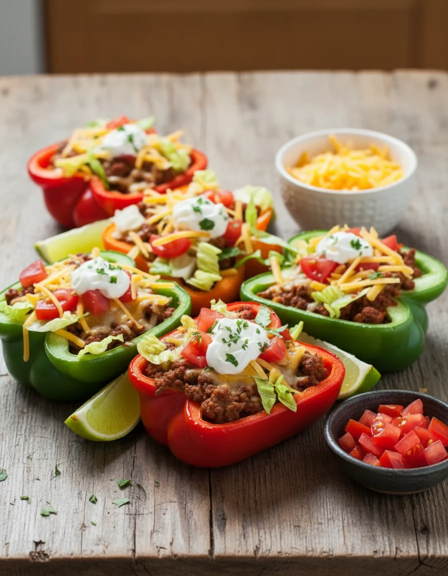 Baked Bell Pepper Tacos made with large bell pepper, lentil taco filling, vegan shredded cheese, chopped tomatoes, chopped lettuce, cilantro, lime, lentil taco filling, seasoned tofu crumbles, refried beans, black beans, sautéed vegetables, vegan shredded cheddar, vegan pepper jack shreds, vegan sour cream, plain plant yogurt, fresh cilantro, sliced jalapenos, fresh or leftover grilled/roasted/sautéed vegetables, fresh chopped avocado, guacamole, salsa verde, pico de gallo, salsa, tortilla chips