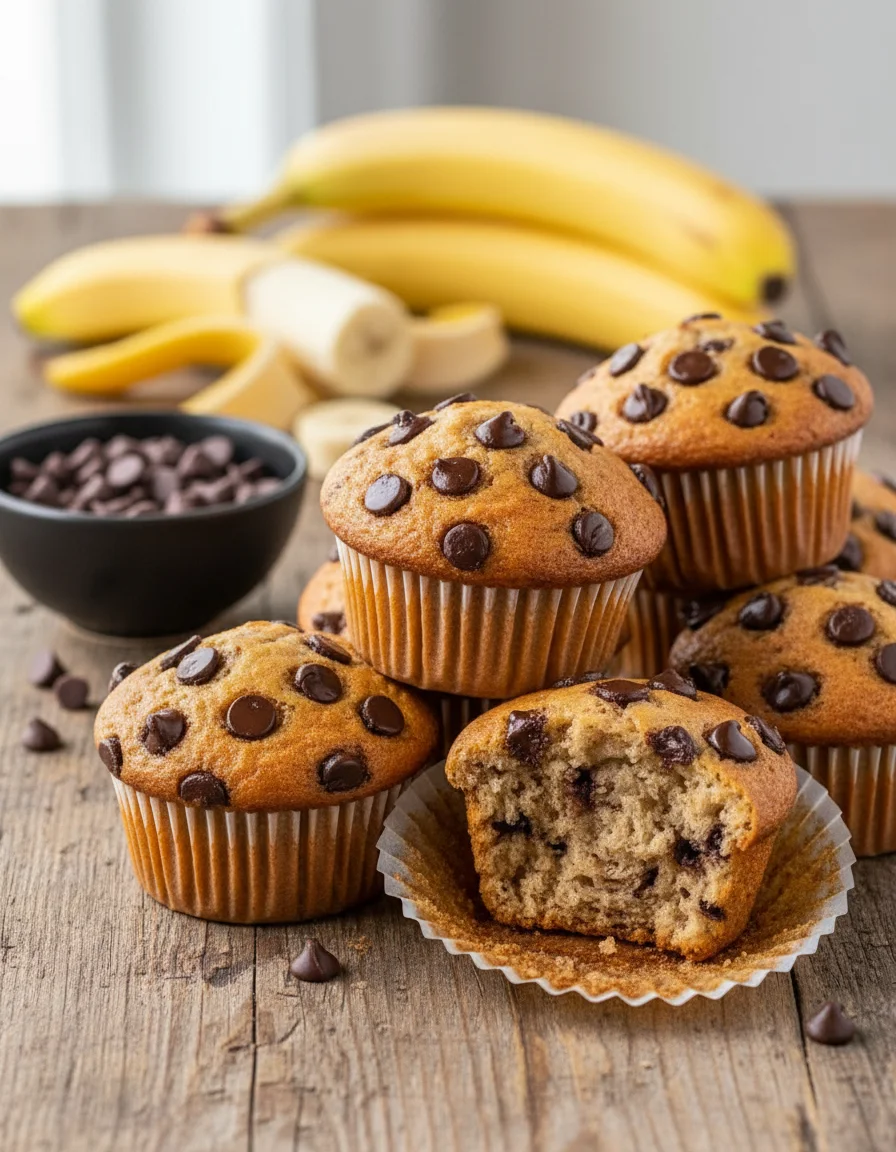 Vegan Banana Chocolate Chip Muffins made with all purpose flour, light brown sugar, baking powder, salt, cinnamon, mashed ripe banana, soy milk, coconut oil, vegan chocolate chips