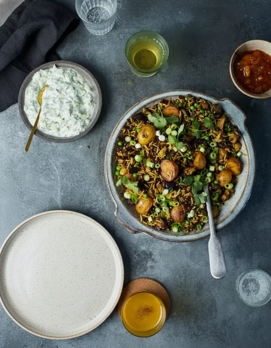 Vegan Biryani made with basmati rice, water, salt, cardamom, garlic cloves, bay leaves, cinnamon stick, vegetable oil, chilli powder, ground coriander, ground cumin, turmeric, jackfruit, onions, fresh ginger, black peppercorn, cardamom, garlic cloves, cinnamon stick, plant yogurt, water, salt