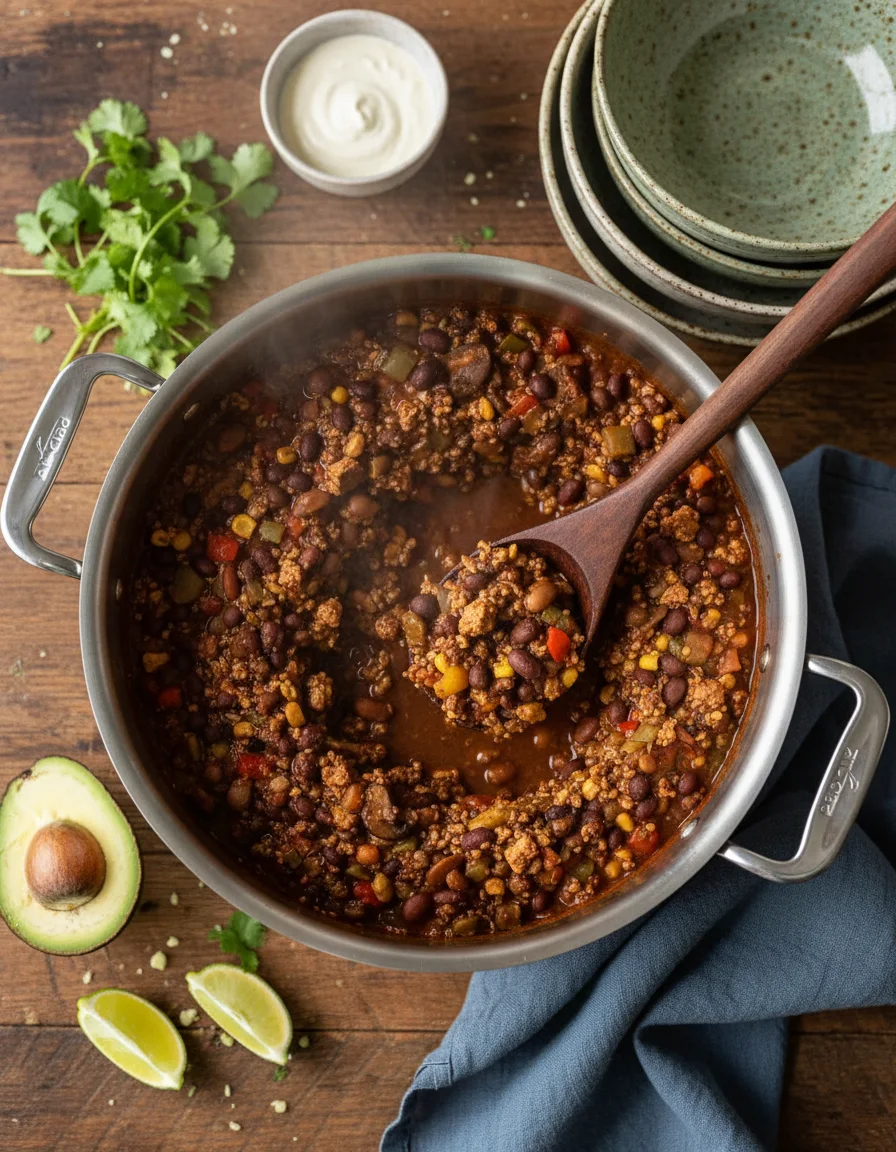 Vegan Chili made with walnut halves, jalapeños, stems removed, garlic, peeled, soy sauce, crushed tomatoes, divided, vegetable oil, yellow onions, finely chopped, sea salt, chilli powder, shiitake mushroom powder, cumin ground, dried oregano, water, divided, bouillon, black beans, smoked sea salt, bulgur, dry