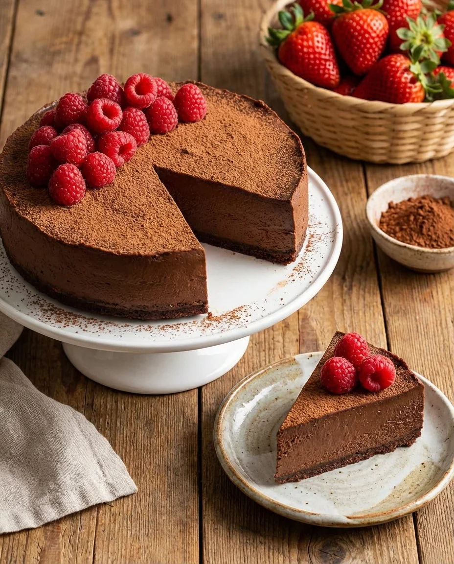 Vegan Chocolate Cake made with gluten free flour blend, potato starch, xanthan gum, granulated sugar, cocoa powder, baking powder, baking soda, salt, dairy free milk, vegetable oil, vanilla extract, hot water, aquafaba, cream of tartar, dairy free butter, powdered sugar, cocoa powder, vanilla extract, dairy free milk, vegan chocolate