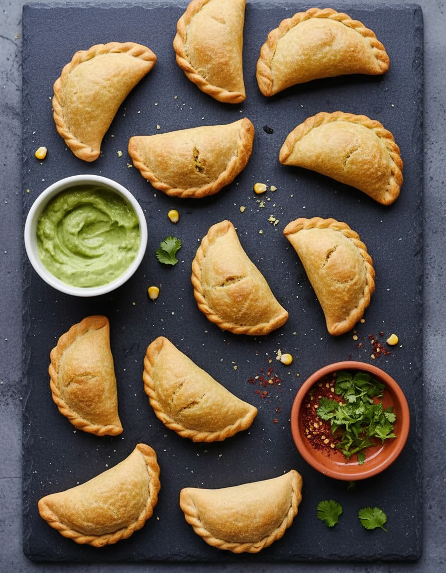 Vegan Corn Empanadas made with all purpose flour, coconut milk, cannellini bean, water, salt, plant based milk, corn kernels, yellow onions, roasted red peppers, coconut milk, salt, black pepper