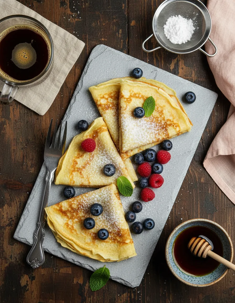 Vegan Crepes made with all-purpose flour, baking powder, salt, soy milk, coconut oil, maple syrup, vanilla extract, cold water, cooking spray, powdered sugar, blueberries, vegan curd, mixed berry compote, chocolate ganache